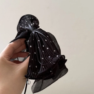 French polka dot chiffon bow hair clip with pleated texture and crystal pendant charm