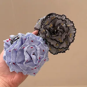Grande Pince à Cheveux Fleur en Tissu Gingham pour Femmes Mode Pliée Pince Requin Accessoires de Cheveux pour Cheveux Épais
