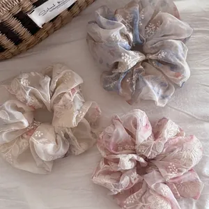 French Embroidered Flower Scrunchie Mesh Organza Floral Print Elastic Hair Tie Elegant Women Hair Accessories
