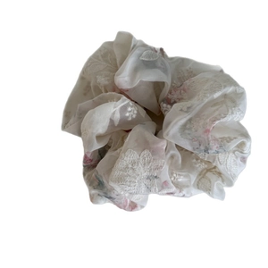 French style organza scrunchie with floral embroidery and pink floral print for women