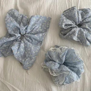 Floral embroidery light blue scrunchies set with lace trim and gold charm for women