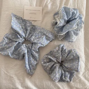 Sweet Light Blue Floral Embroidered Hair Scrunchies Elegant Lace Artificial Pearl Fabric Large Hair Ties Korean Style Accessories