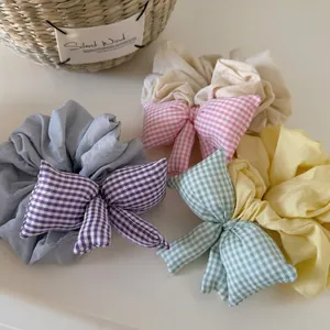 Sweet Gingham Plaid 3D Padded Bow Scrunchies For Women Oversized Fabric Hair Ties Soft Elastic Hair Bands Korean Hair Accessories