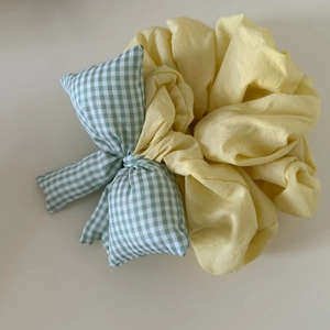 Sweet green plaid sponge bow scrunchie with soft pastel yellow elastic hair tie for women