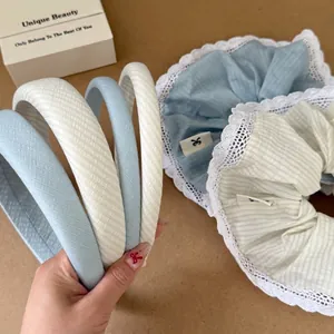Striped Fabric Headband Thick Padded Hair Band With Lace Trim Scrunchie Korean Style Fashion Hair Accessories For Women