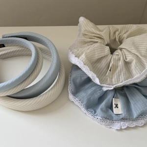 Blue and white plaid headband set with lace scrunchies and thick sponge hair accessories