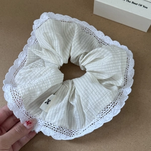 Fresh blue and white plaid scrunchie with lace trim and elegant vertical stripes texture