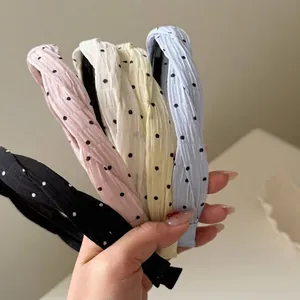 Cerchietto da Donna con Nodo a Pois Vintage in Tessuto Pieghettato Fascia Larga per Capelli Stile Coreano con Denti Antiscivolo