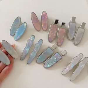 Pinces à Cheveux Géométriques en Acétate Iridescent Cadre en Alliage Métal Texture Nacre Vague Ovale Goutte pour Femmes