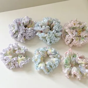 Sweet Mori Style Floral Print Ruffled Fabric Scrunchie Elegant Double Layer Pleated Hair Tie For Women Girls Hair Accessories