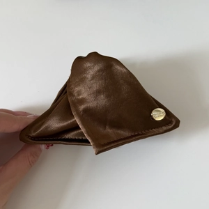 French style satin shell hair claw clip for women with golden logo and brown silk texture