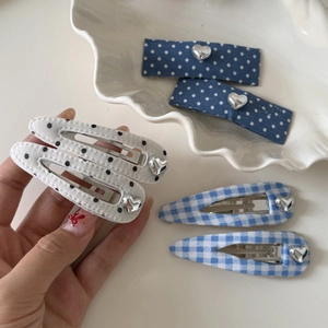 Lot de 6 barrettes en tissu bleu et blanc à pois et carreaux avec paillettes coeur argent