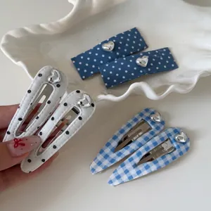 Pince à Cheveux en Tissu Cœur à Pois Plaid Bleu Style Coréen pour Femmes Doux Mode BB Clip Épingle à Cheveux Accessoires de Coiffure