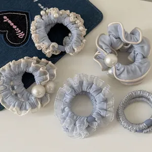 Dames Melkblauw Haarelastiekjes Met Neparel Kant Gaas Zoet Elegant Elastische Haarelastieken Mode Dagelijkse Haaraccessoires