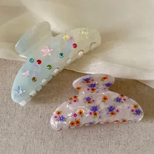 Korean Acetate Floral Star Hair Claw Clip For Women Handmade Shark Clip Rhinestone Non-Slip Hair Accessories