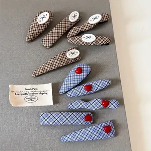 Vintage Plaid Fabric Gingham Heart Bow Hair Clips For Women Fabric Wrapped Metal BB Clips French Style Hair Accessories