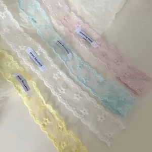 Star embroidered lace skinny scarf in yellow, white, blue and pink pastel colors