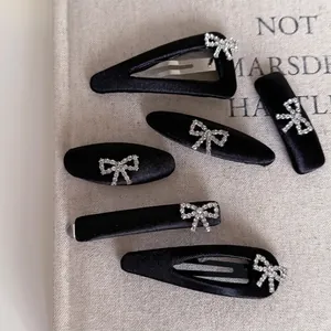 French Style Black Satin Bow Hair Clips Rhinestone Bowknot BB Clips For Women Elegant Hair Accessories Side Clips