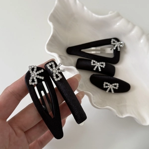 French style black satin hair clip set with rhinestone bow decoration for women