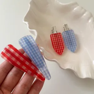 Blue and red plaid acrylic duckbill hair clips with silver metal base for women