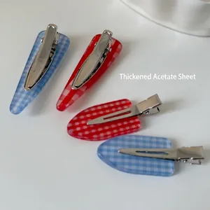 Blue and red plaid acetate hair clip set featuring durable silver metal duckbill grips
