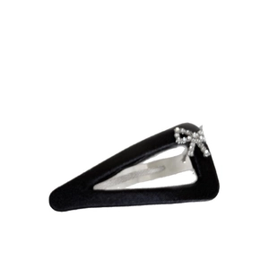 Elegant black satin bow hair clip with sparkling rhinestones for a French-style hair look
