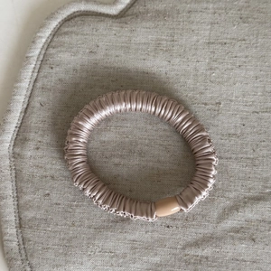 Dettaglio dell'elastico in seta satinata champagne con trama a pieghe e fibbia in resina
