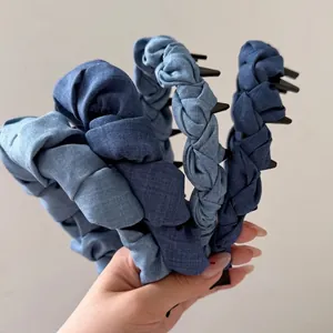 Vintage Denim Fabric Braided Headband For Women Non-slip Toothed Hairband High Top Hoop Fashion Commuting Hair Accessory
