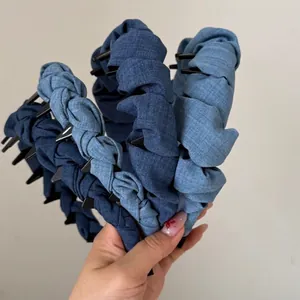 Denim headband set for women with anti-slip teeth in deep, medium, and light blue shades