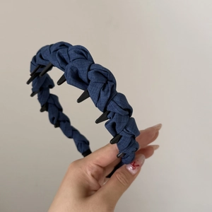 Retro denim blue braided headband with anti-slip teeth to create high cranial top look