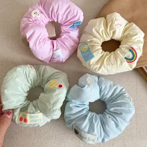 Macaron color puff fabric scrunchies with cute animal charms and embroidery patches
