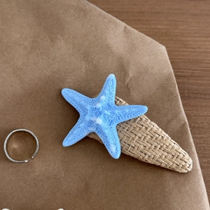 Detail view of a light blue starfish hair clip with natural straw texture backing