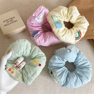 Sweet Large Fabric Scrunchies With Cute Embroidery Rainbow Cherry Pattern Soft Hair Ties For Women Daily Hair Accessories