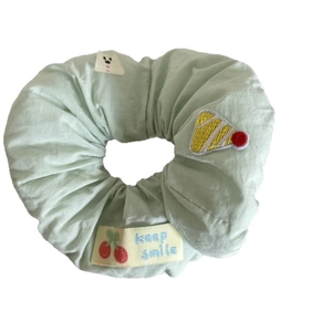 Sweet light green puff fabric scrunchie with bear charm and cherry keep smile embroidery