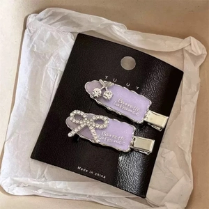 French Vintage Purple Enamel Metal Hair Clip With Rhinestone Bow Cherry Sweet Korean Style Duckbill Clip For Women Jewelry