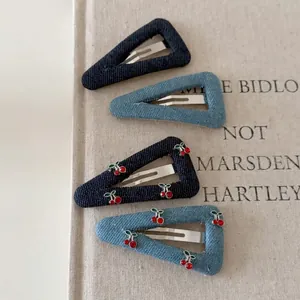 Vintage Triangle Denim Hair Clips Blue Fabric BB Clip With Red Cherry Rhinestone For Women Girls Casual Hair Accessories