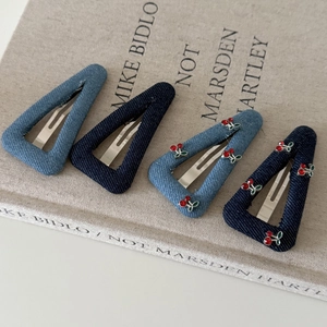 Set of four vintage denim triangle hair clips with cherry rhinestone details
