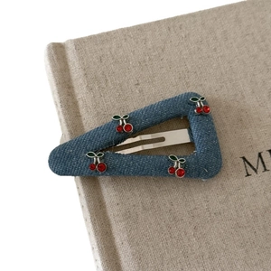 Vintage denim blue triangle hair clip with sparkling red rhinestone cherry accents