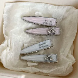 French Vintage Drip Oil Pink Cherry Hair Clip For Women Alloy Metal Rhinestone Wave Side Bangs Clip Elegant Hair Accessory