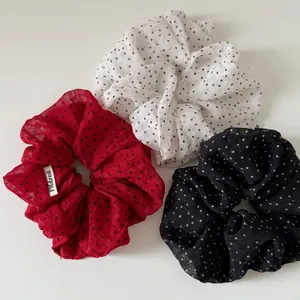 Set of three French style satin polka dot hair scrunchies in red, white and black colors