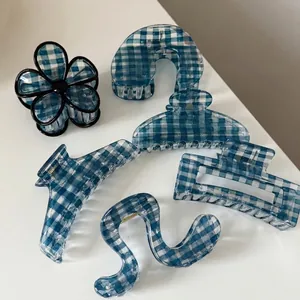 Blue White Gingham Acrylic Shark Hair Clip Geometric Plaid Large Hair Claw For Women Korean Simple Style Styling Accessory Headwear