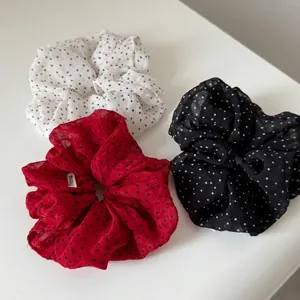 French style satin polka dot scrunchie set in red, black and white for women's hair styling