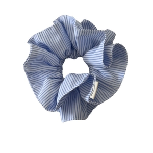 Blue and white striped scrunchie oversized cream donut hair tie with woven label