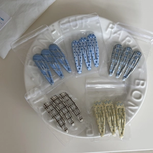 15pcs set of blue plaid and polka dot BB hair clips in five assorted British style patterns