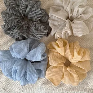 Chic plaid chiffon scrunchies in four colors for ponytails and elegant hair styling