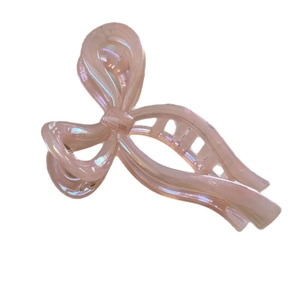 Pearlescent pink ribbon bow hair claw clip with iridescent finish for women