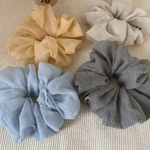 Women Gingham Scrunchie Large Grid Fabric Elastic Hair Tie French Style Ponytail Holder Fashion Hair Accessories Daily
