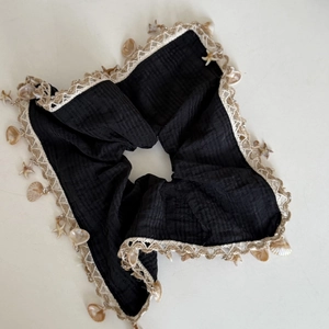 Bohemian black linen scrunchie with lace edge and seaside shell starfish charms