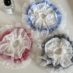 Lot de 3 chouchous doux à carreaux avec bordure en dentelle, bleu, rouge et noir