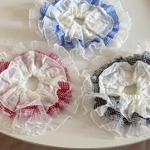Chouchou Doux à Carreaux avec Bordure en Dentelle Style Académie Vintage Gingham Mesh Attache Queue de Cheval Brodé pour Femme